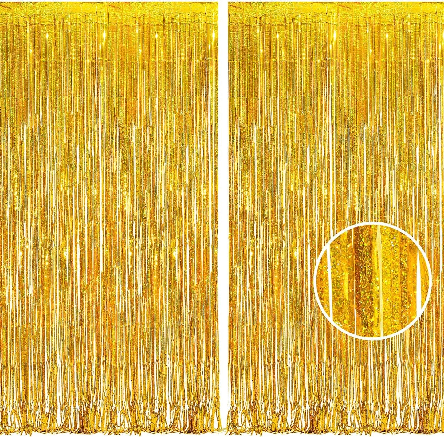 BRAVESHINE Gold Tinsel Foil Fringe Curtains - 2Pcs 3.2x8.2ft Holidays Photo Backdrop for Men 60th Birthdays/Bridal Wedding/Engagement/Anniversary/Hawaiian/Luau/Christmas/New Years Party Decorations