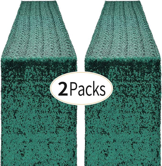 2 Packs 12 x 72 inches Hunter Green Sequin Table Runner, Glitter Runner for Birthday Party Supplies Decorations Wedding Bachelorette Holiday Celebration Bridal Shower Baby Shower