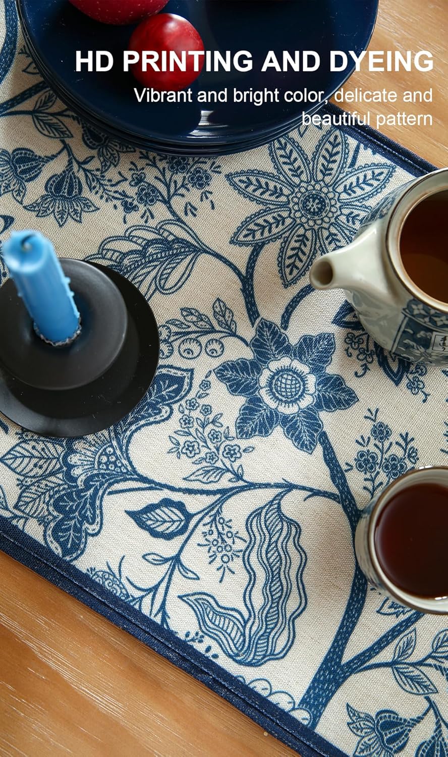 ISAENNE Designer Chinoiserie Elegant Linen Table Runner 71 Inches Long,Blue Floral Pattern Decor Table Runners for Thanksgiving,Dining Room,Banquet,Kitchen Tables,Christmas,12"*71"-Ruyi B