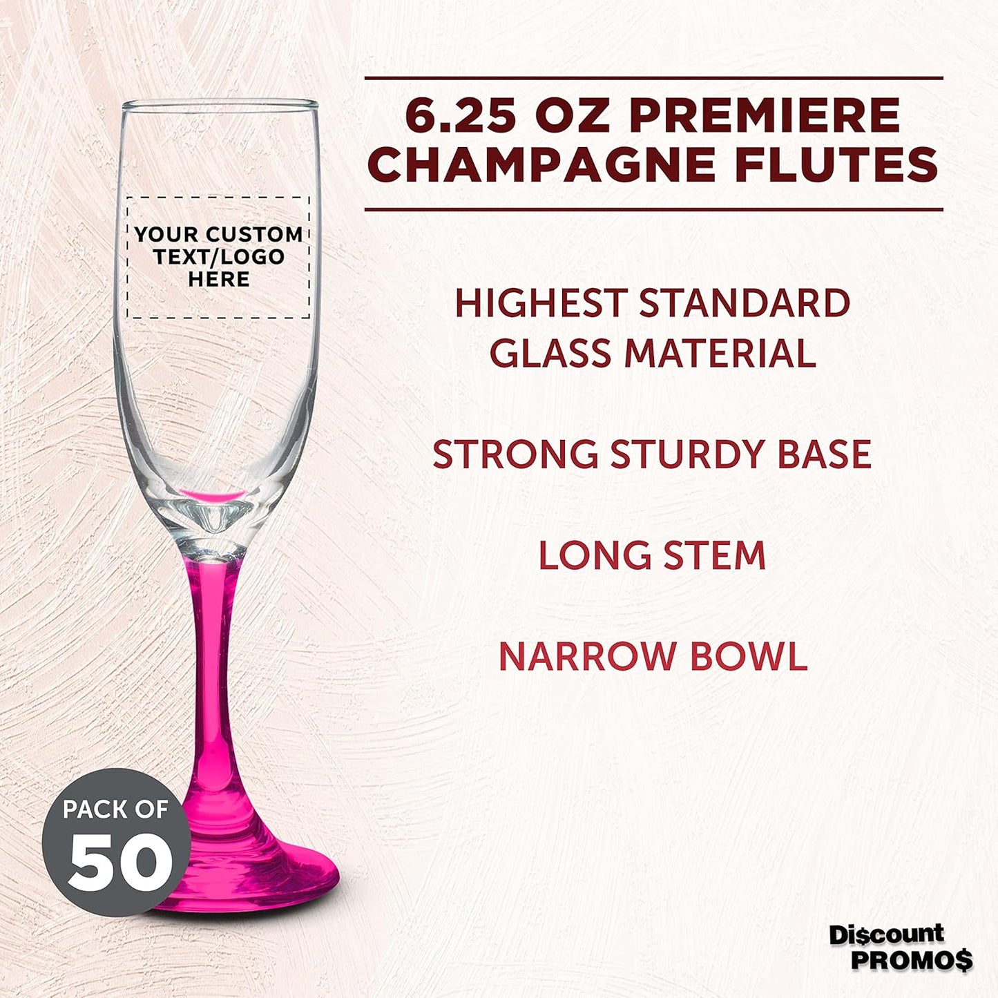 DISCOUNT PROMOS Custom Premiere Champagne Flutes 6.25 oz. Set of 50, Personalized Bulk Pack - Elegant Drinkware for Weddings, Events, & Promotional Gifts - Pink