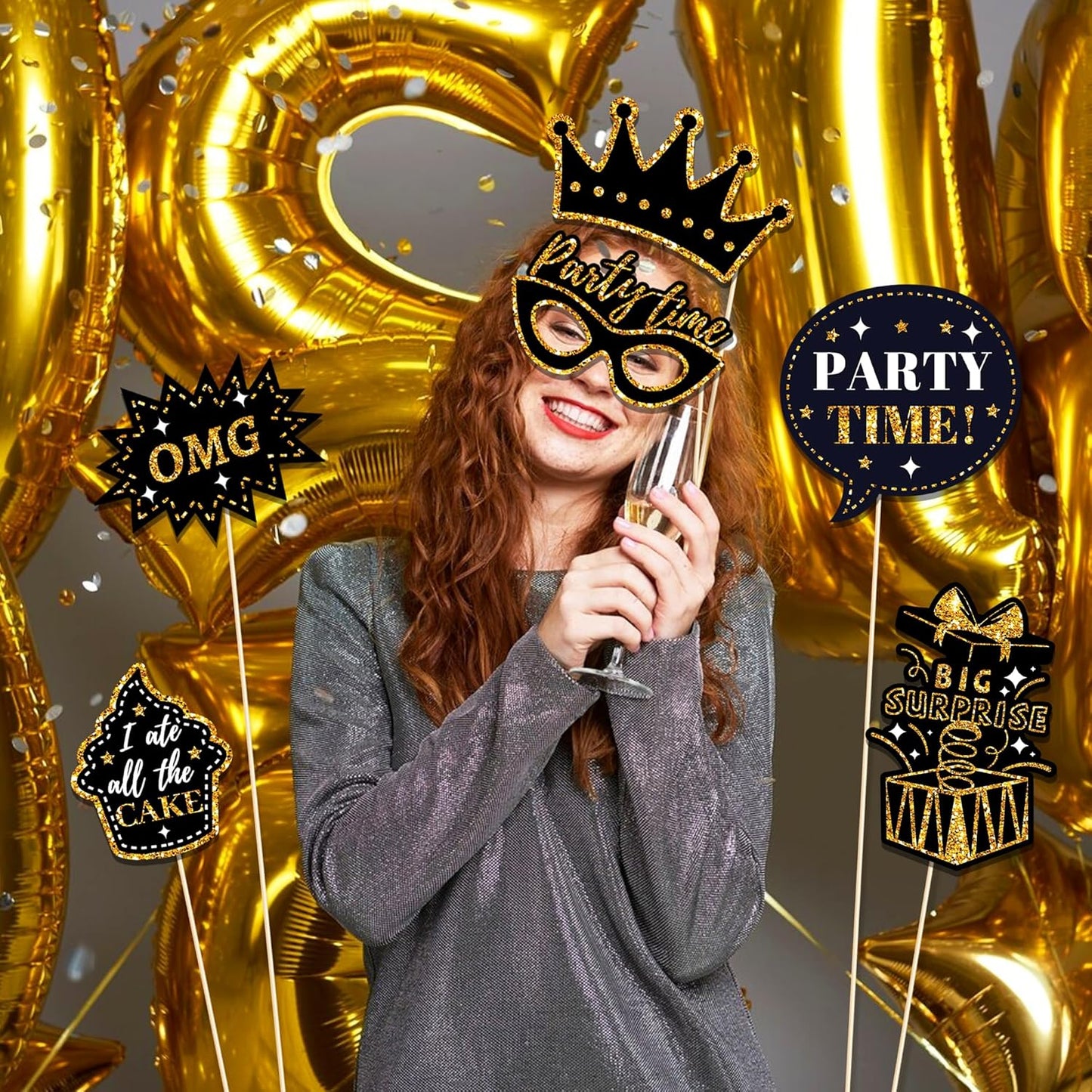 36 PCS Birthday Photo Booth Props Party Supplies Holiday Picture Decorations Photo Booth Props for Birthday Party Favors Pose Sign Kit Fun for Party (Black and Gold)