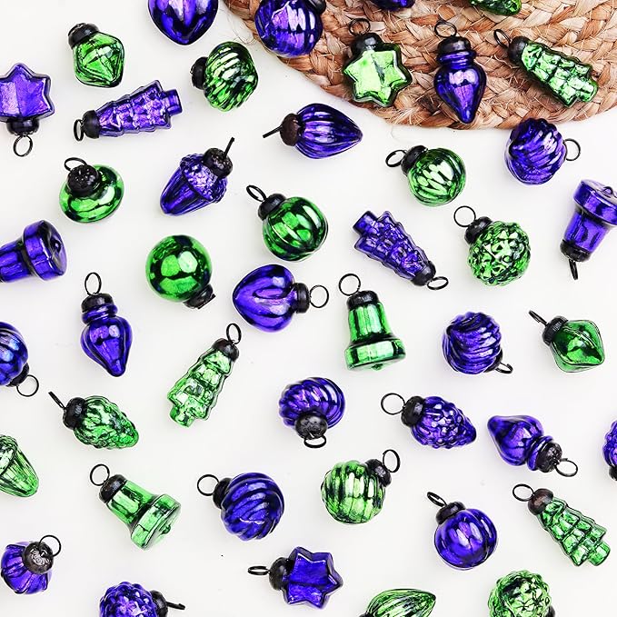 25 Pieces Glass Blue Green Christmas Ornaments Decorative Mercury Mini Vintage Bulk Hanging Ornaments for Halloween, Christmas Tree, New Year, Valentine Day, Holidays, Event and Wedding Party Decor