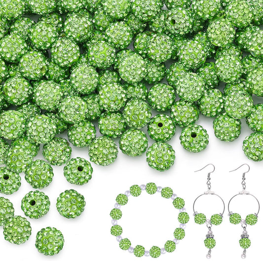 200pcs 10mm Light Green Rhinestone Beads for Jewelry Making, Shiny Round Shamballa Disco Ball Beads, Sparkle Crystal Clay Christmas for Bracelet Baseball Necklace Earring Crafting and DIY