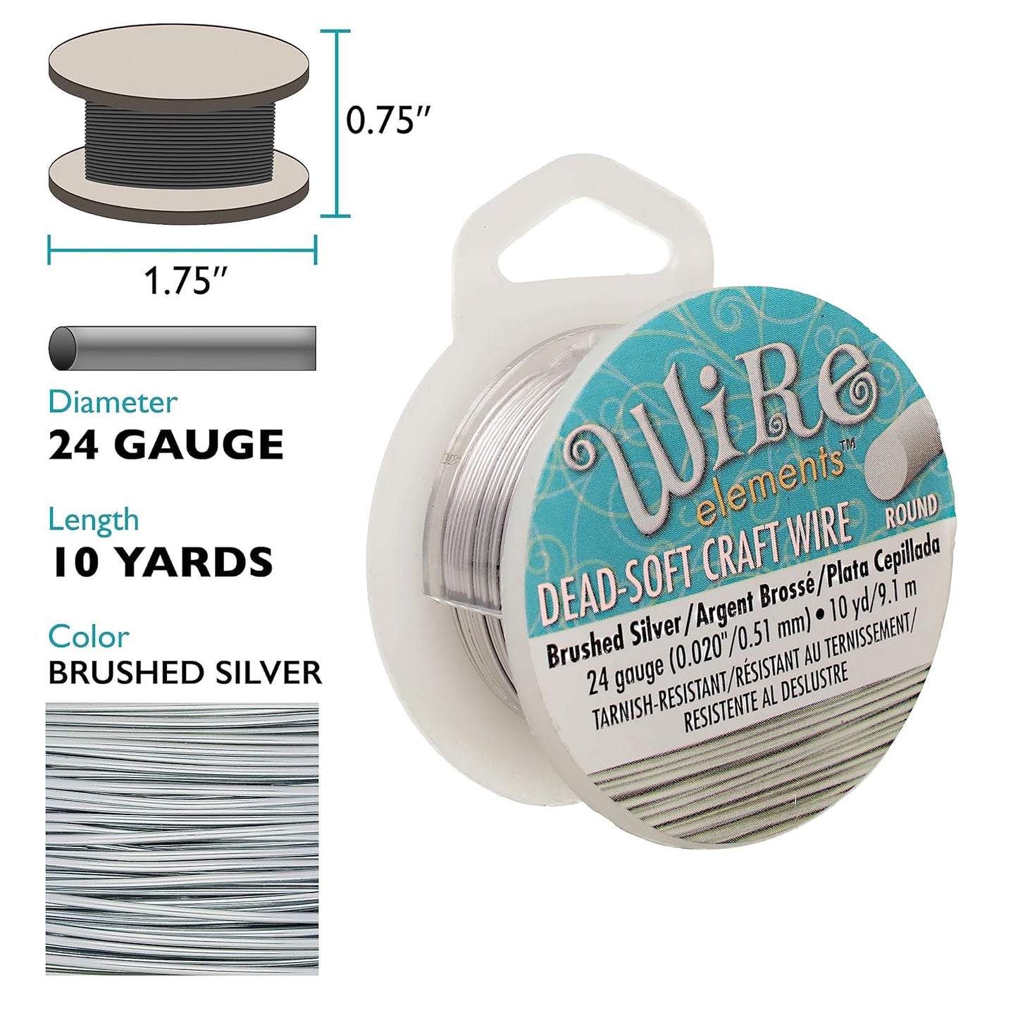 The Beadsmith Wire Elements Craft Wire – Tarnish Resistant, Soft Temper, Round, Brush Silver Color – 0.51mm, 24 Gauge, 10 Yard Spool – Jewelry Making, Wire Wrapping, Floral, & Other DIY Crafts