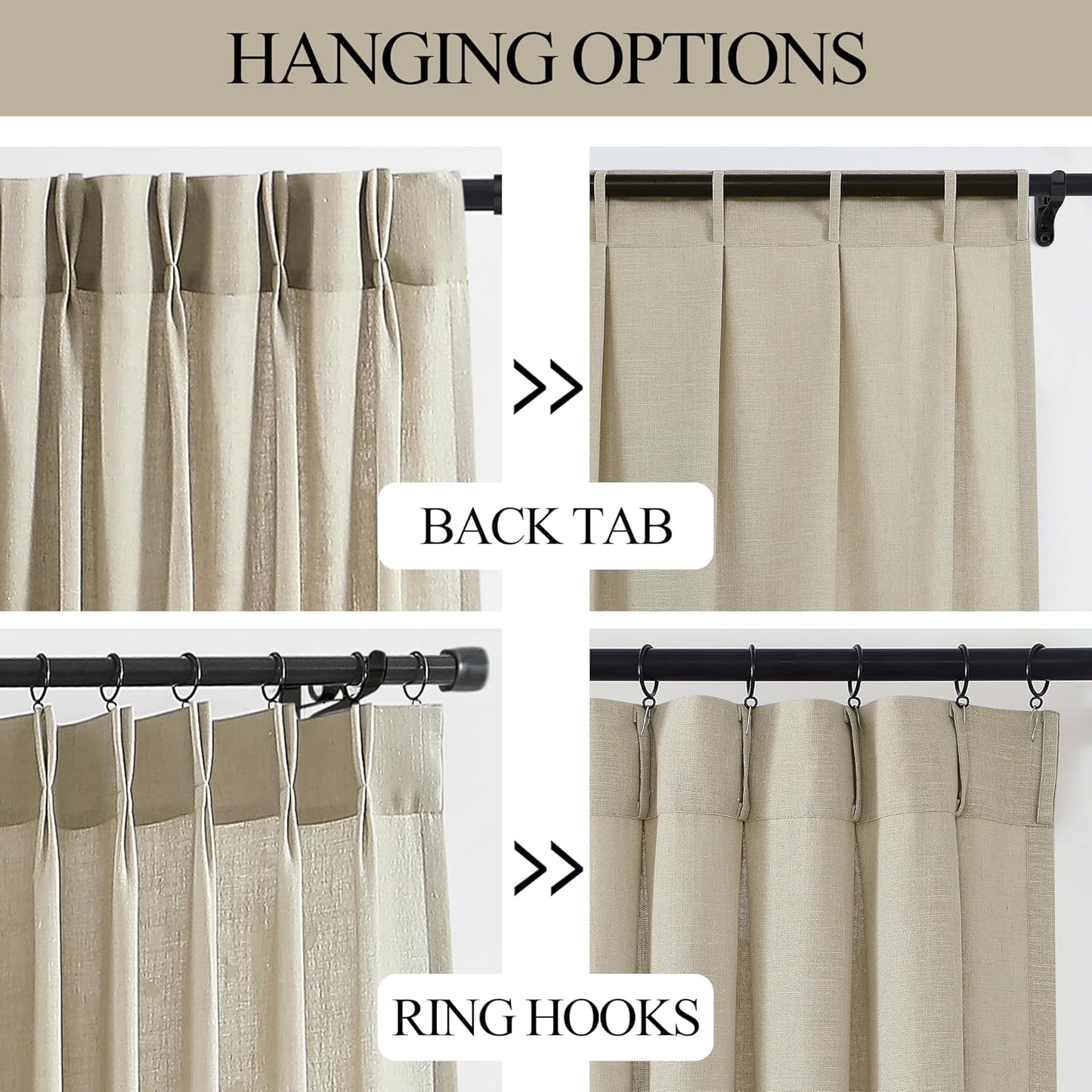 Vision Home Sand Pinch Pleated Semi Sheer Curtains Textured Linen Blended Light Filtering Window Curtains 120 inch for Living Room Bedroom Patio Pinch Pleat Drapes with Hooks 10FT 60" Wx120 Lx1