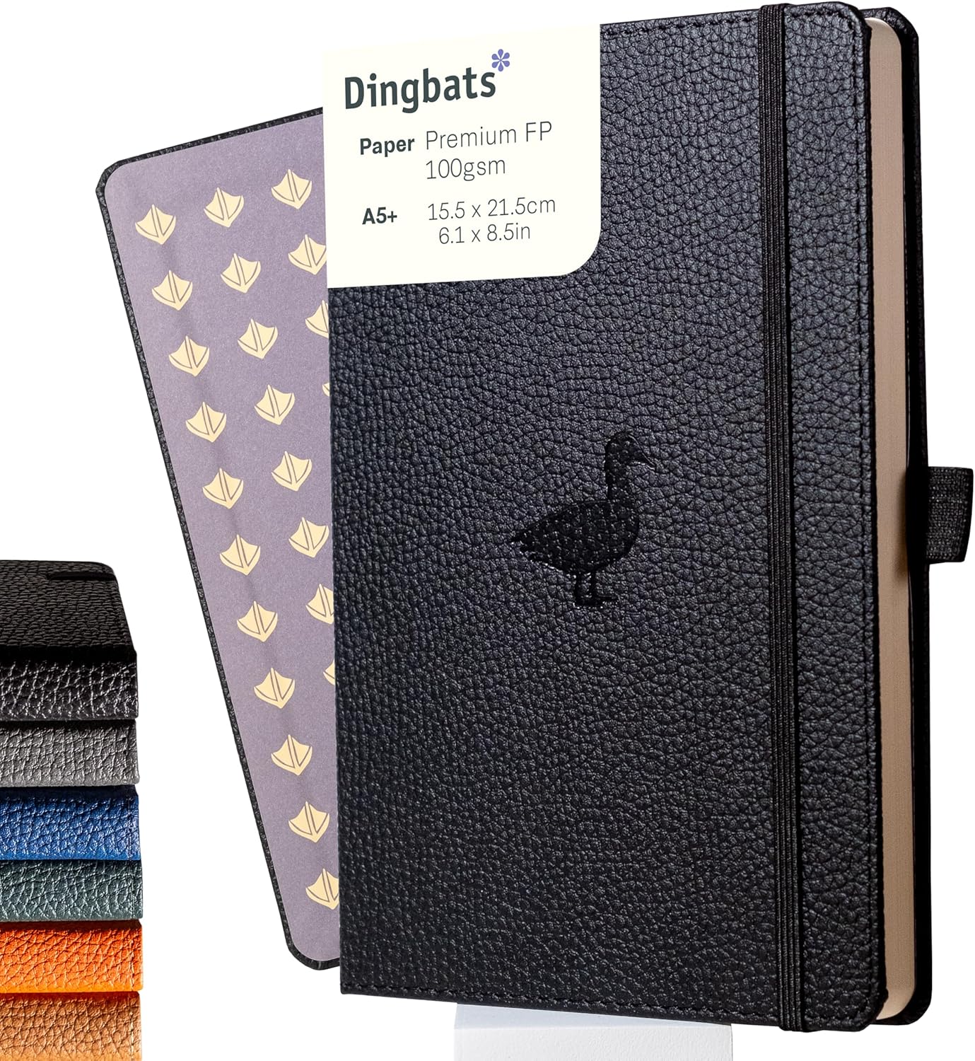 Dingbats* Wildlife Grid Journal Notebook A5 - Vegan Leather Hard Cover, Ideal for Work, Travel - Pocket, Elastic Closure, Bookmark