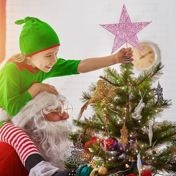 Fovths Christmas Tree Topper 8 Inches Metal Glittered Christmas Tree Topper Wire Star Treetop Sparkle Xmas Decoration for Christmas Tree Ornament Indoor New Year Holiday Party Supplies (Pink)