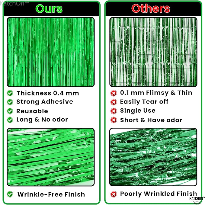 KatchOn, Green Streamers - 3.2x8 Ft, Pack of 2 | Green Backdrop for Dinosaur Birthday Decorations | Christmas Backdrop for Christmas Decorations Indoor | Door Streamers for Jungle, Safari Party Decor