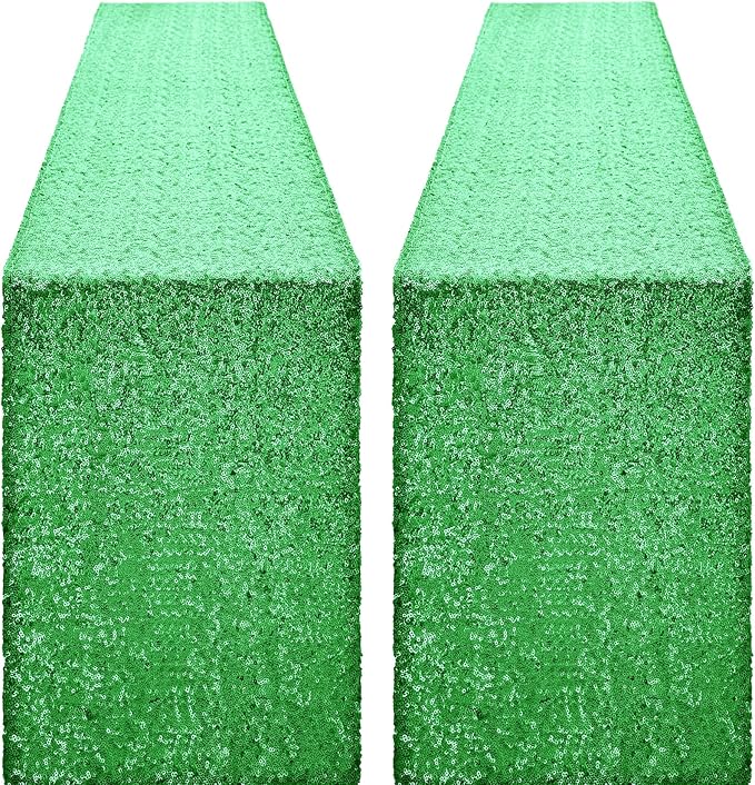 2 Packs 12 x 72 inches Grass Green Sequin Table Runner, Glitter Runner for Birthday Party Supplies Decorations Wedding Bachelorette Holiday Celebration Bridal Shower Baby Shower