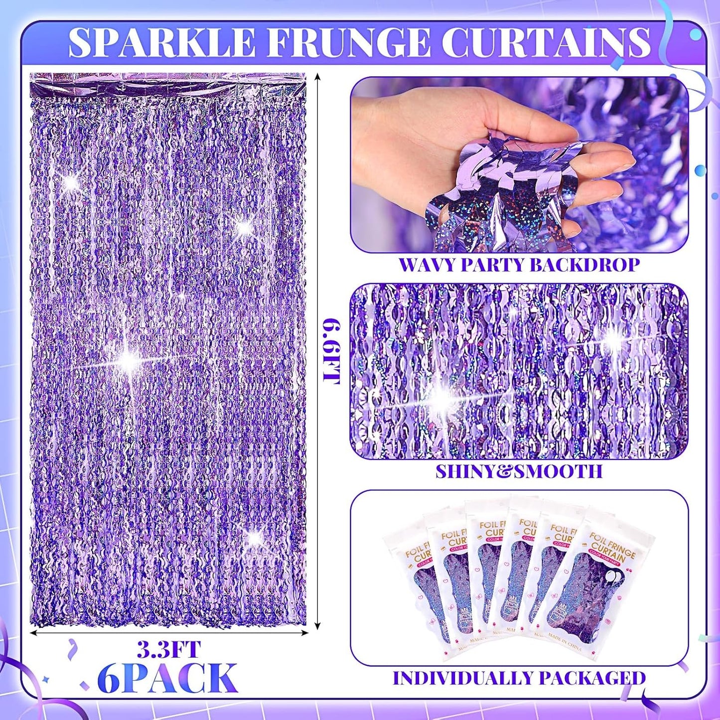 Jutom 6 Pieces 3.3 x 6.6 ft Wavy Tinsel Foil Fringe Curtains Foil Fringe Streamer Backdrop Party Curtain for Sea Mermaid Baby Shower Birthday Party Decoration(Purple)