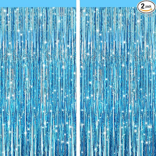 2 Pack Light Blue Metallic Tinsel Foil Fringe Curtains, Door Streamers Photo Booth Backdrop for Birthday Party, Tinsel Curtain Backdrop for Baby Shower Bachelorette Christmas Party Decorations