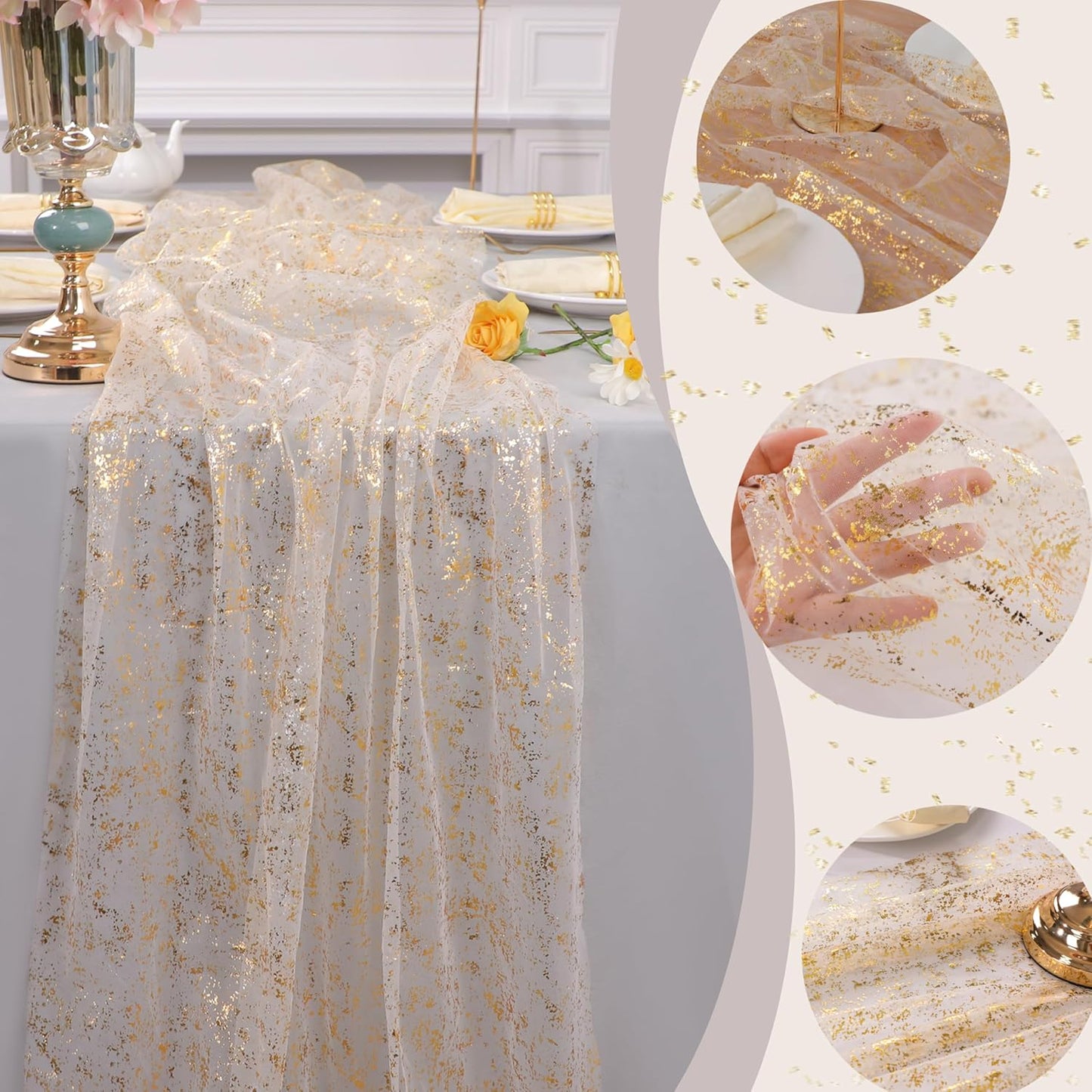 Snowkingdom 10 Ft Gold Table Runner, Sheer Chiffon Tulle Cheesecloth Golden Sequin Glitter Metallic Foil, Gold Party Table Decorations Centerpiece for Wedding Birthday Christmas Bridal Baby Shower