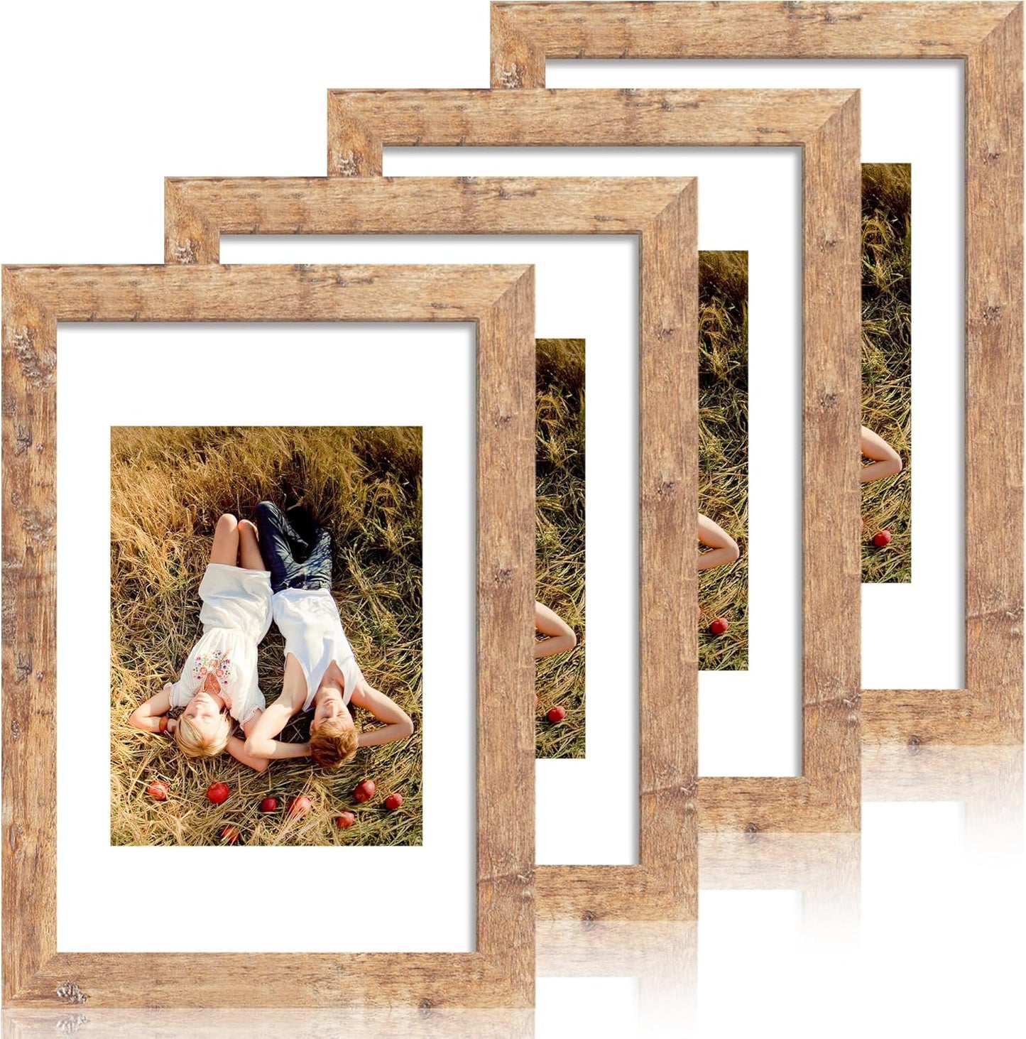 8x12 Picture Frame Set of 4 with High Definition Real Glass, Display 6x8 Pictures with Mat or 8 x 12 Without Mat, Rustic Brown Wood Photo Frames for Tabletop and Wall Mounting