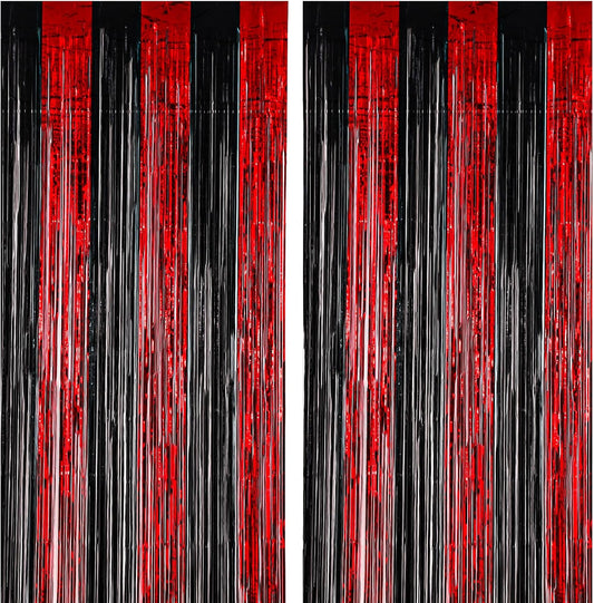 2 Pack 3.3x8.2 Feet Red and Black Foil Fringe Backdrop Curtains, Tinsel Streamers Birthday Party Decorations, Fringe Backdrop for Graduation, Movie Night, Horror Party