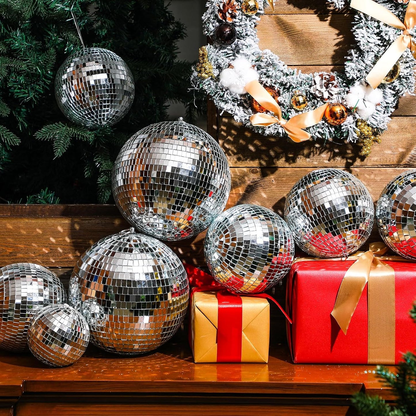 Haull 8 Pcs Large Disco Ball Set Silver Mirror Disco Reflective Ball with Hanging Ring Party Ornament Decoration for Stage Club Ballroom Dance Hall Wedding Prom Props(8'', 6'')