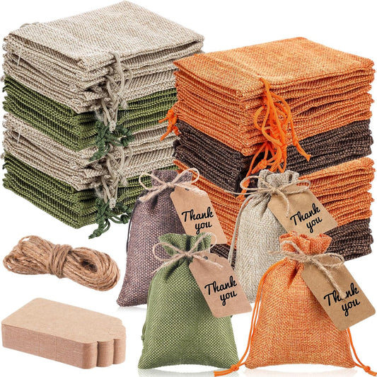 Woanger 100 Pcs Burlap Gift Bags with 100 Pcs Kraft Paper Gift Tags Drawstring Favor Bulk Burlap Sack Bags for DIY Wedding Party Craft(4 x 6 Inch,Natural Color, Dark Brown, Military Green, Orange)