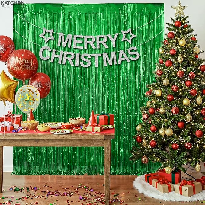 KatchOn, Green Streamers - 3.2x8 Ft, Pack of 2 | Green Backdrop for Dinosaur Birthday Decorations | Christmas Backdrop for Christmas Decorations Indoor | Door Streamers for Jungle, Safari Party Decor