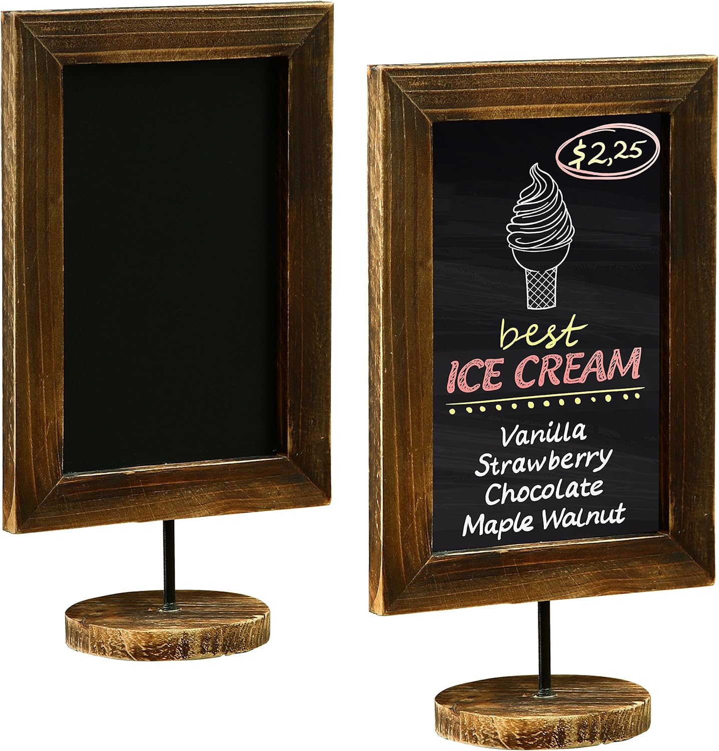 MyGift Set of 2, 12 Inch Chalkboard Sign with Burnt Wood Rectangular Frame and Round Base, Rustic Wedding Table Place Card Signage, Small Kitchen Countertop Memo Board