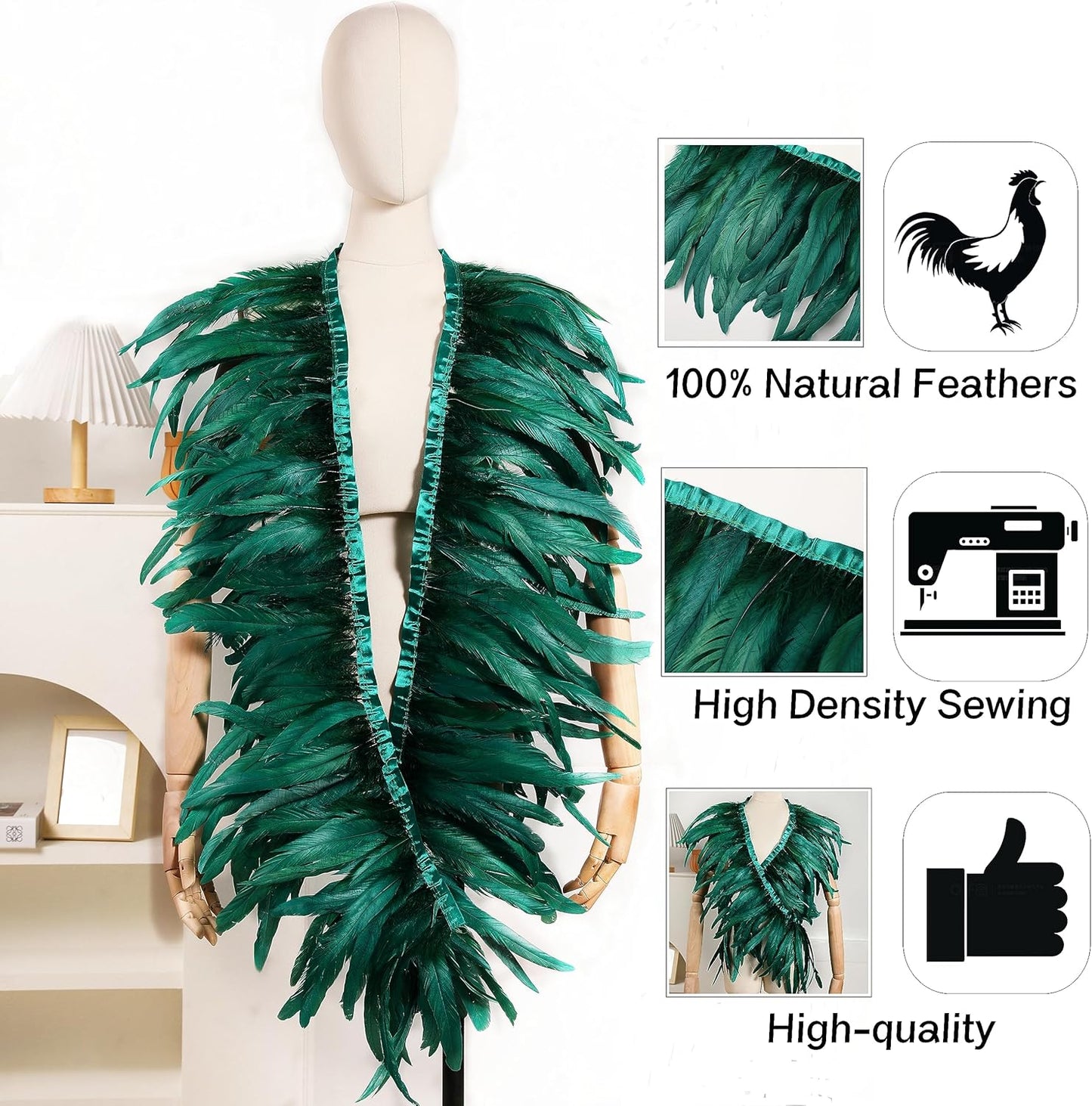 Holmgren Dark Green Rooster Feather Trim - 10-12inch 2 Yards Natural Large Rooster Tail Feathers Fringe Trim for DIY Sewing Crafts, Feather Cape Shawl, Wings, Party Costumes Decoration (Dark Green)