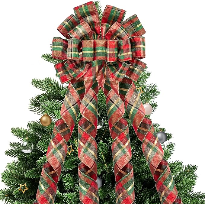 WRAPAHOLIC Large Christmas Tree Topper Bow - 13 x 52 Inch Classic Plaid Glitter Christmas Tree Topper Ribbon Bow Wreath Bows with Wired Edge for Xmas Ornament Indoor Outdoor Decoration