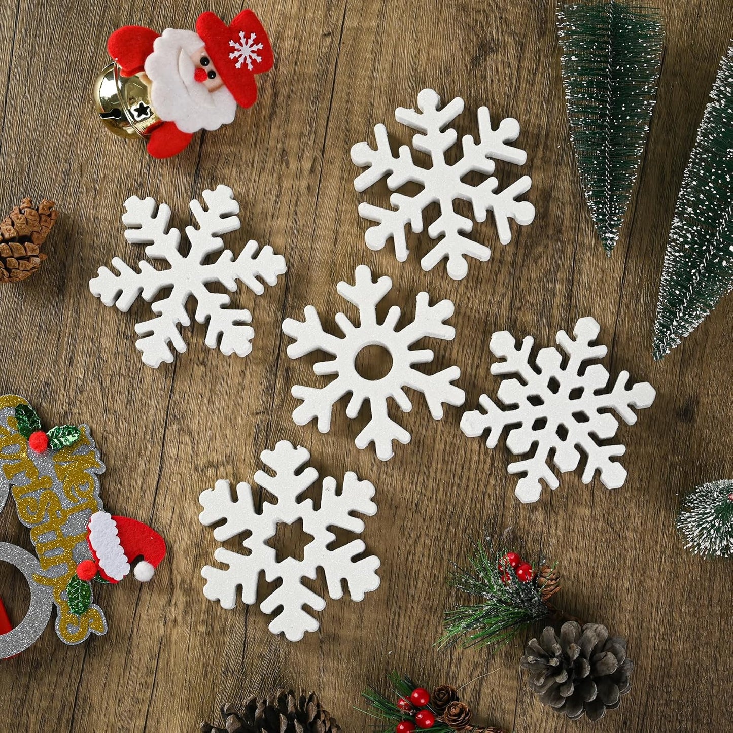 5 Pcs Wooden Christmas Snowflake Sign Winter White Glitter Snowflake Decorations Holiday Wonderland Snowflake Wood Stand Signs for Xmas Party Home Tabletop Tiered Tray Decor