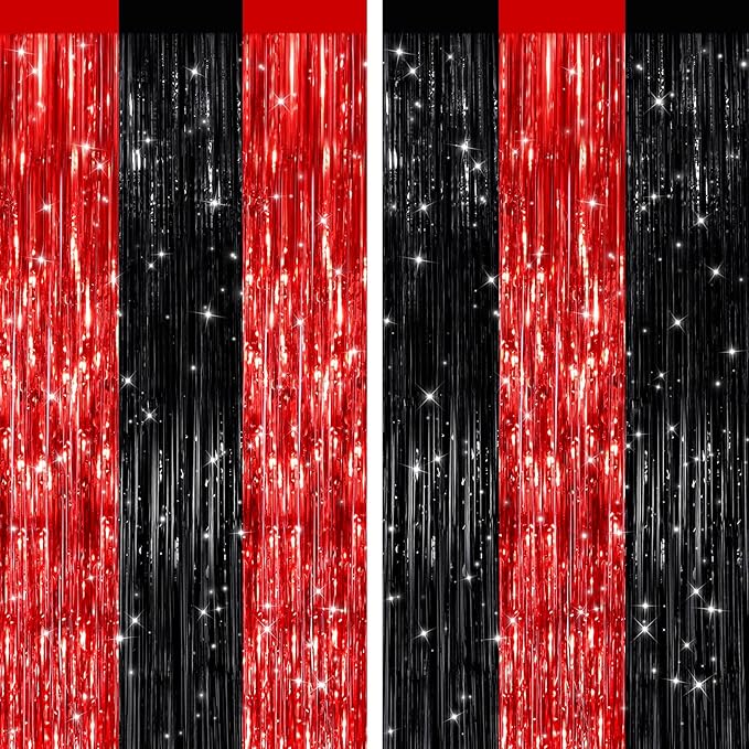 2 Pack Black Red Metallic Tinsel Foil Fringe Curtains, Door Streamers Photo Booth Backdrop for Birthday Party, Tinsel Curtain Backdrop for Baby Shower Bachelorette Christmas Party Decorations