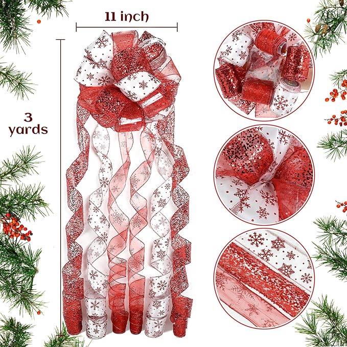 Red and White Glitter Christmas Tree Topper Bow 11 Inch with 6 Ribbon Tails 3 Yards Long Wired Ribbon for Holiday Easy Style Party Decoration