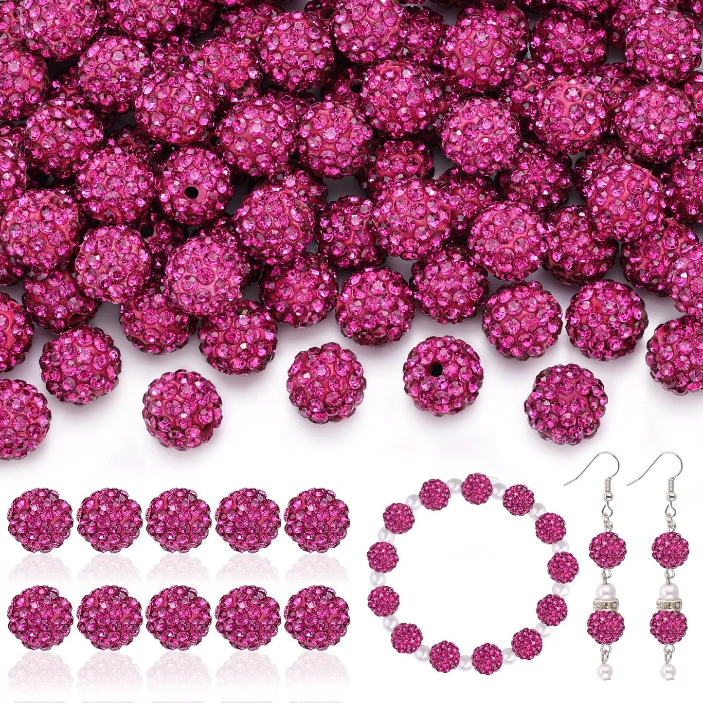 160pcs 10mm Rhinestone Beads for Jewelry Making, Fuchsia Shiny Round Disco Ball Beads Bulk, Sparkle Crystal Clay Christmas for Bracelet Baseball Necklace Earring Crafting and DIY
