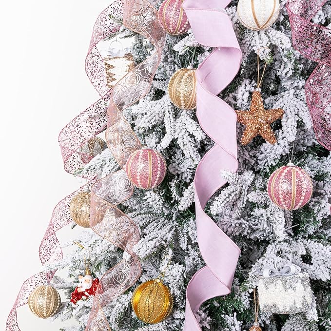 Pink Glitter Christmas Tree Topper Bow 11 Inch with 6 Ribbon Tails 3 Yards Long Wired Ribbon for Holiday Easy Style Party Decoration