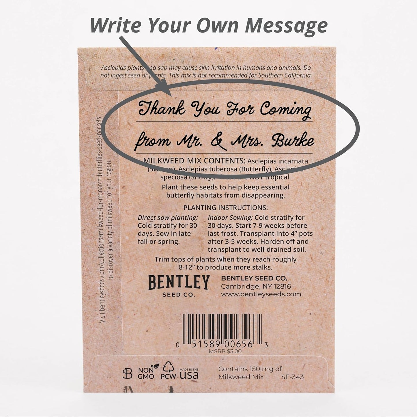 Bentley Seeds Co. Seed Packets for Planting - Party Favors for Indoors and Outdoors Gardening - Non GMO, Non-Coated - Bulk Pack of 25 Milkweed (Common, Showy & Butterfly Mix)