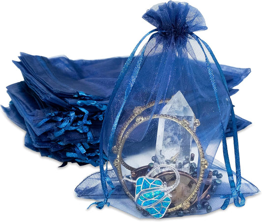 TheDisplayGuys 48-Pack 6x8 Navy Blue Sheer Organza Gift Bags with Drawstring, Jewelry Candy Treat Wedding Party Favors Mesh Pouch