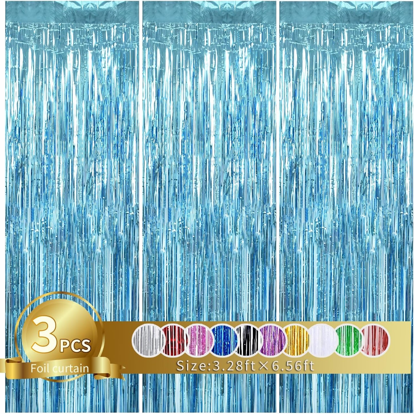 TONIFUL 3Pcs Light Blue Door Streamers,Light Blue Photo Booth Backdrop Metallic Streamers Foil Fringe Curtains for Birthday,Christmas,New Year,Bachelorette,Grad Party Streamers Decor(9.9ft x 6.6ft)