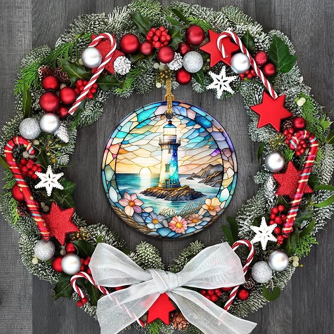 Stained Ceramic Lighthouse Ornament - Christmas Tree Ornaments - Christmas Decorations - Lighthouse Decor for Office, Room, Home - Holiday Present Ideas