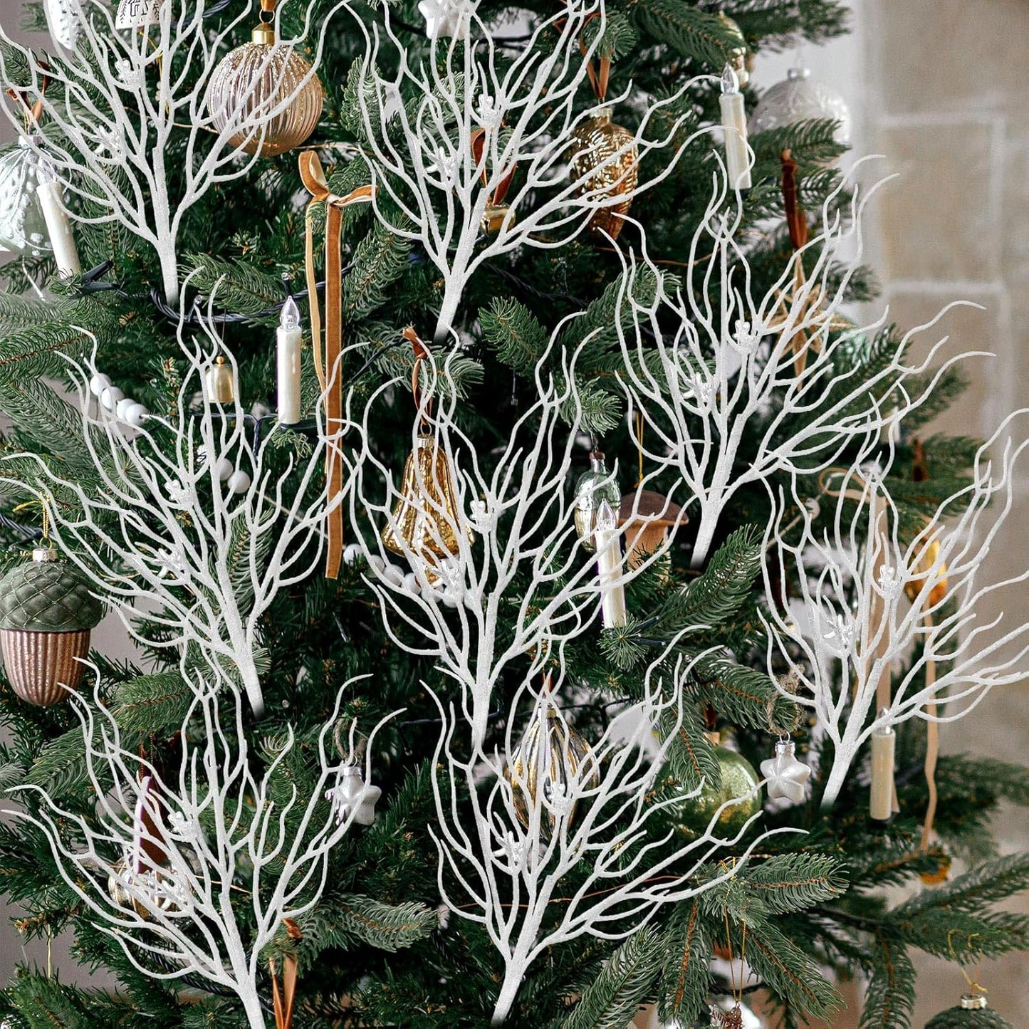 8 Pcs White Coastal Ornaments for Christmas Tree 15.7inch Glitter Coral Beach Ocean Spray Pick Branch Christmas Tree Topper Decorations Filler Twigs for Xmas Vase Wreaths Gift