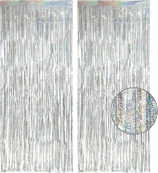 Silver Foil Fringe Tinsel Backdrop - GREATRIL Metallic Tinsel Streamers Curtains for 2026 NYE/Prom/Dancing Ball/Christmas/Bachelorette Party Decorations - Pack of 2