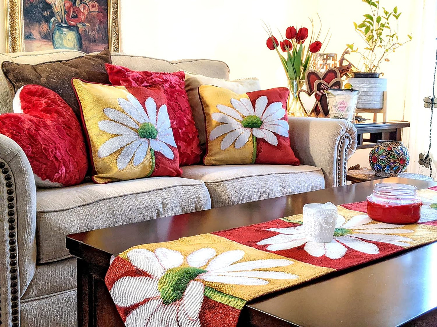 Tache Home Fashion DB9046TR-13X48 Colorful Red & Yellow Daisy Flower Loves Me Not Tapestry Table Runner 48 Inch