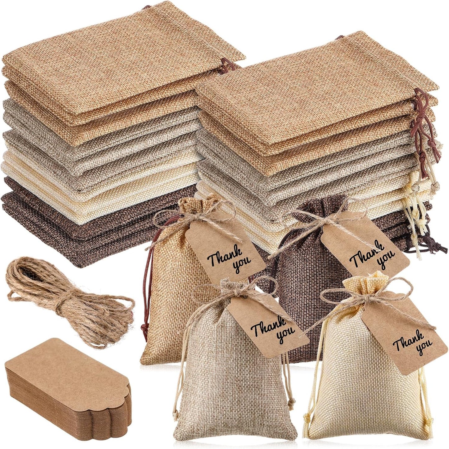 Woanger 100 Pcs Burlap Gift Bags with 100 Pcs Kraft Paper Gift Tags with Drawstring Favor Bulk Burlap Sack Bags for DIY Wedding Party Craft (4 x 6 Inch,Hemp, Beige, Medium Brown, Dark Brown)