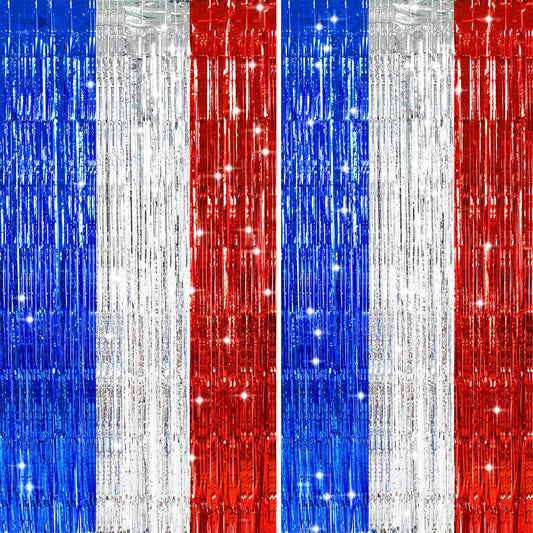 TONIFUL Red White and Blue Tinsel Foil Fringe Curtains,4th of July Decorations Independence Day Photo Booth Backdrop,Metallic Door Streamers for Patriotic Party Memorial Day Labor Day Supplies
