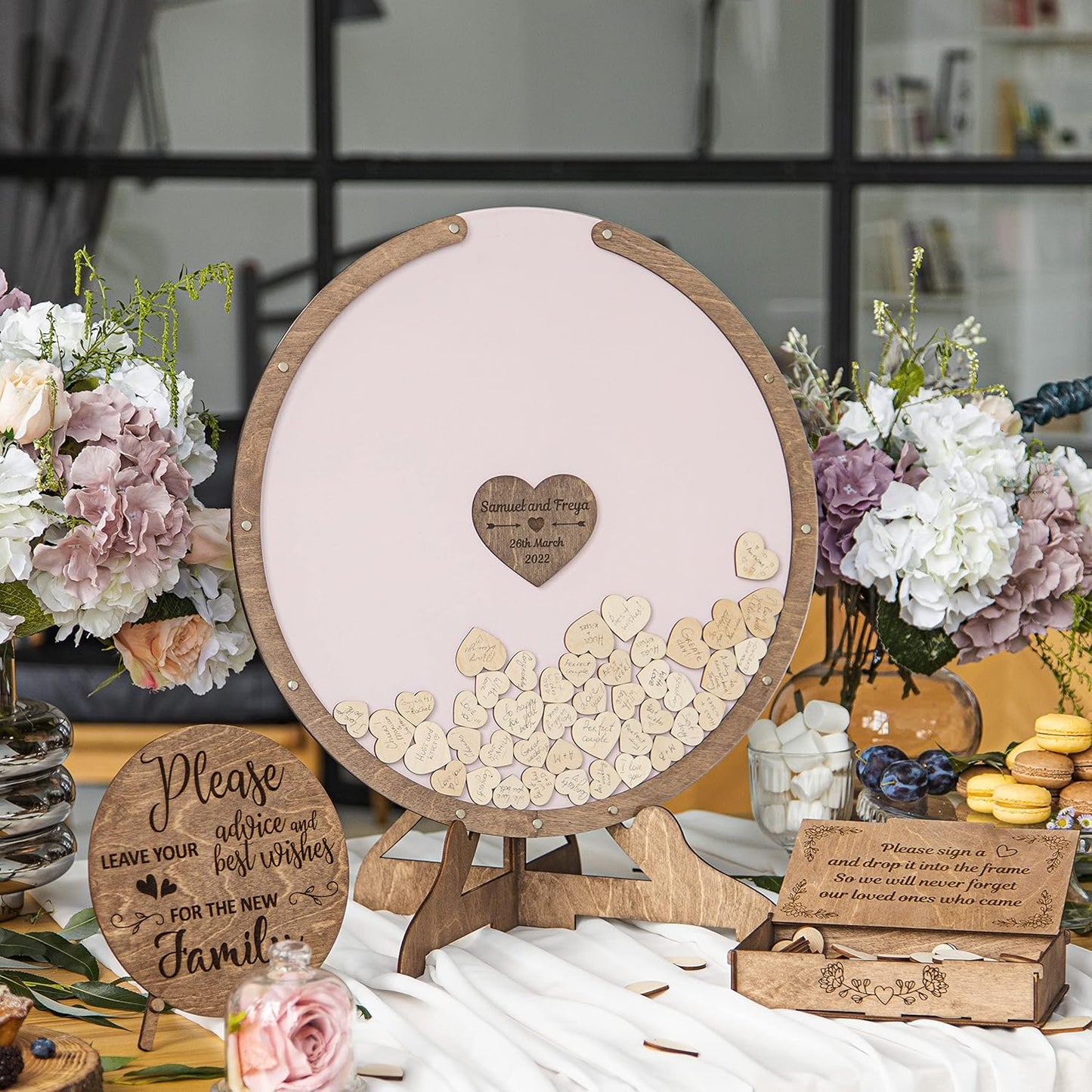 Rustic Personalized Wedding Guest Book: Heart Drop Design, Heart, Circle & Rectangle Frames. Premium Wooden Drop Box, Unique Bridal Decor & Gift