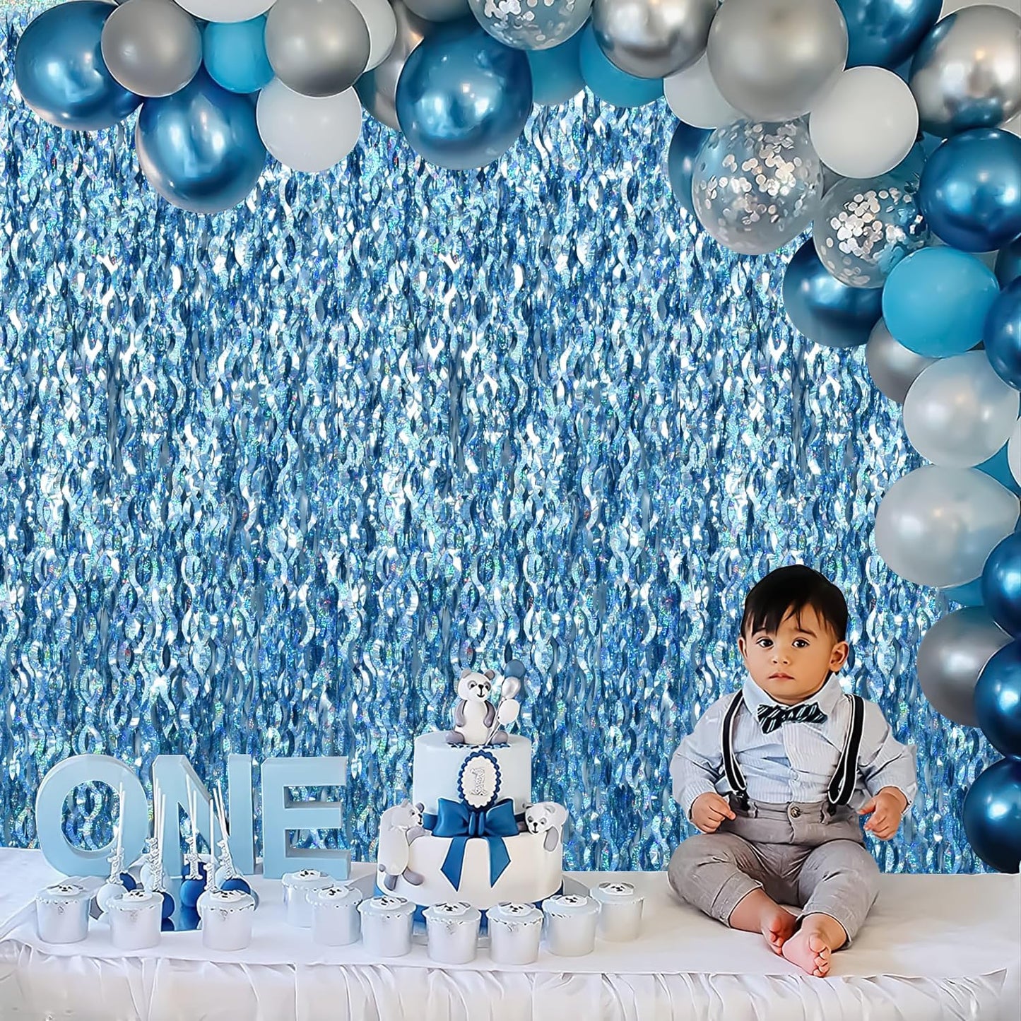 TONIFUL 3Pcs Wavy Metallic Tinsel Foil Fringe Curtains Light Blue Streamer Backdrop for Photo Booth Props,Party Door Wall Curtains,Bachelorette,Underwater World Birthday Party Decor (9.9ft x 6.6ft)