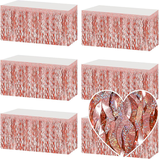6 Pack 29x108 Inch Rose Gold Wave Foil Fringe Table Skirts Metallic Banner for Tinsel Streamer Garland Backdrop for Parade Floats Mother's, Graduate, Mardi Gras, Birthday, Wedding Party Decorations
