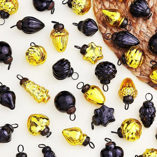 IndianShelf 300 Pieces Black & Gold Glass Vintage Christmas Ornaments Mini Bulk Decorative Ornaments for Halloween, Christmas Tree, New Year, Valentine Day, Holidays, Event & Wedding(25 * 12 Boxes)