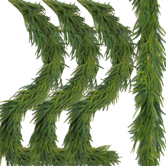 3 Pcs Artificial Norfolk Pine Garlands Christmas, 9 FT Dense Real Touch Winter Pine Garland Ornament, Green Artificial Greenery Garland for Table, Mantle, Wall, Indoor, Outdoor Christmas Decorations
