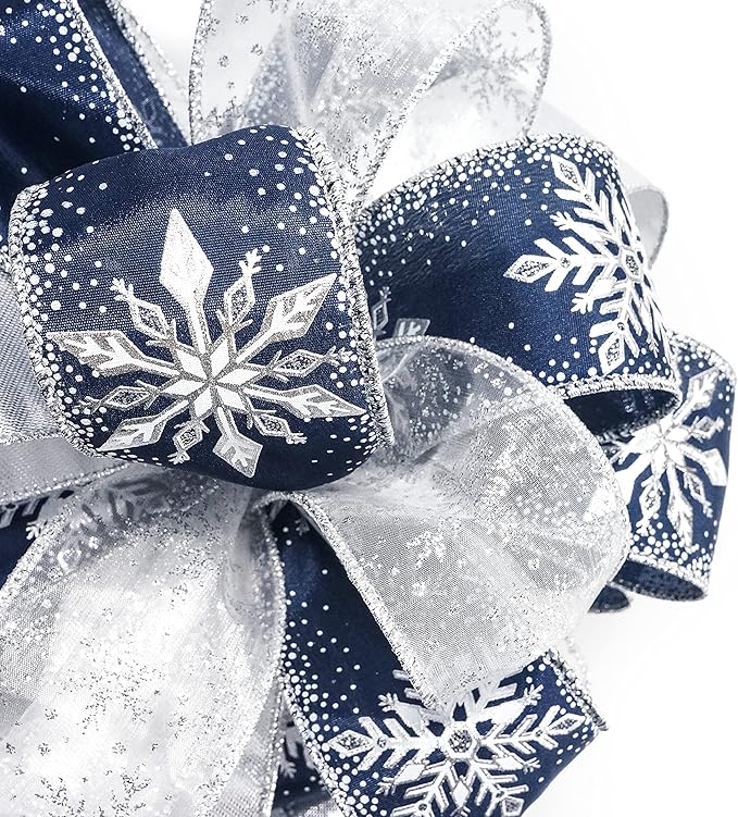 CT CRAFT LLC Blue Snowflake Christmas Tree Topper Bow 11" with 4 Ribbon Streamers x 3 Yards Long Each for Holidy Elegant Fancy Home Décor Indoor
