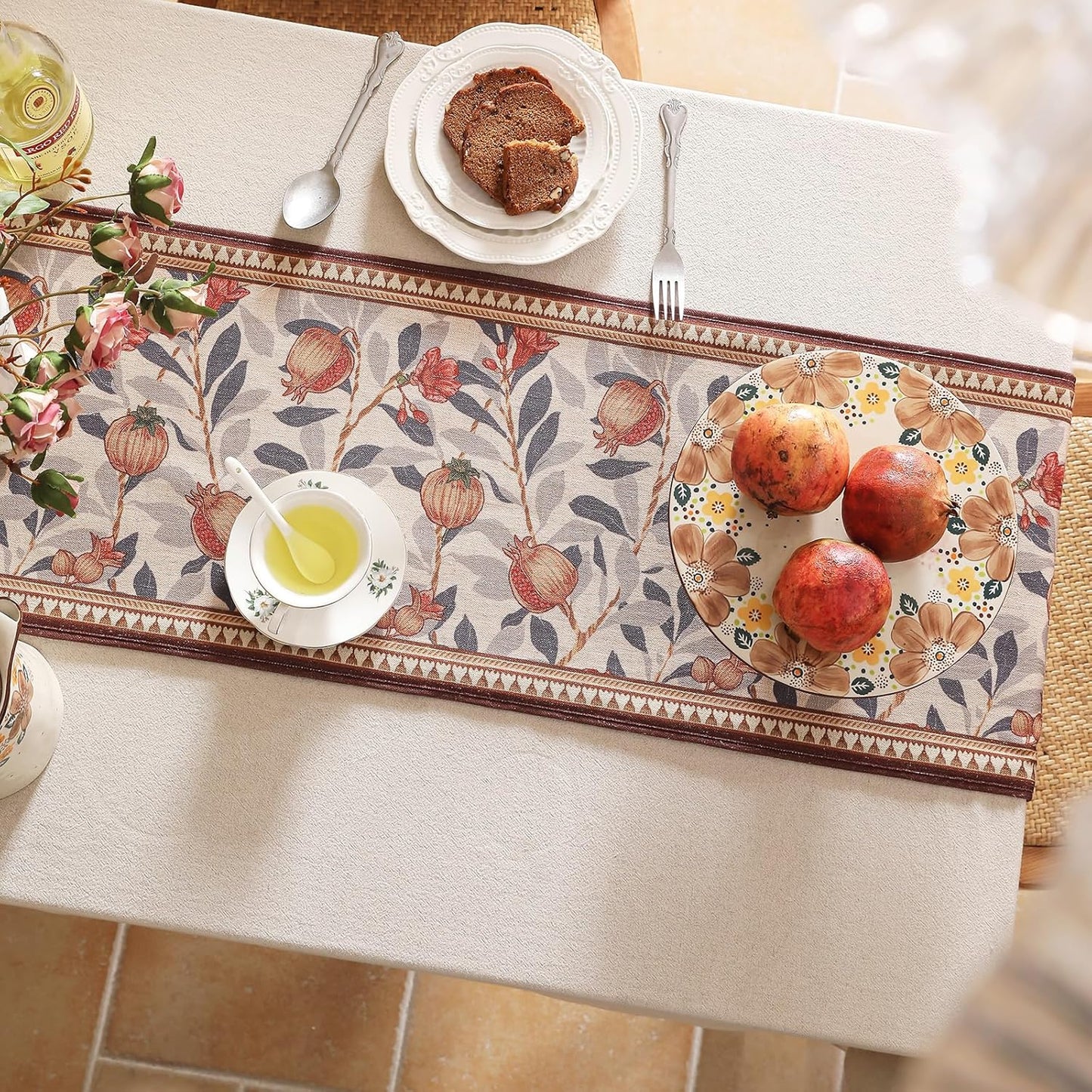 patdrea Designer Vintage SaddleBrown Linen Table Runner 87 Inch Long, Pomegranates Pattern Table Mat, Decoration for Kitchen Dining Table Coffee Table Shelf Cabinet Banquet Christmas ,12"*87"