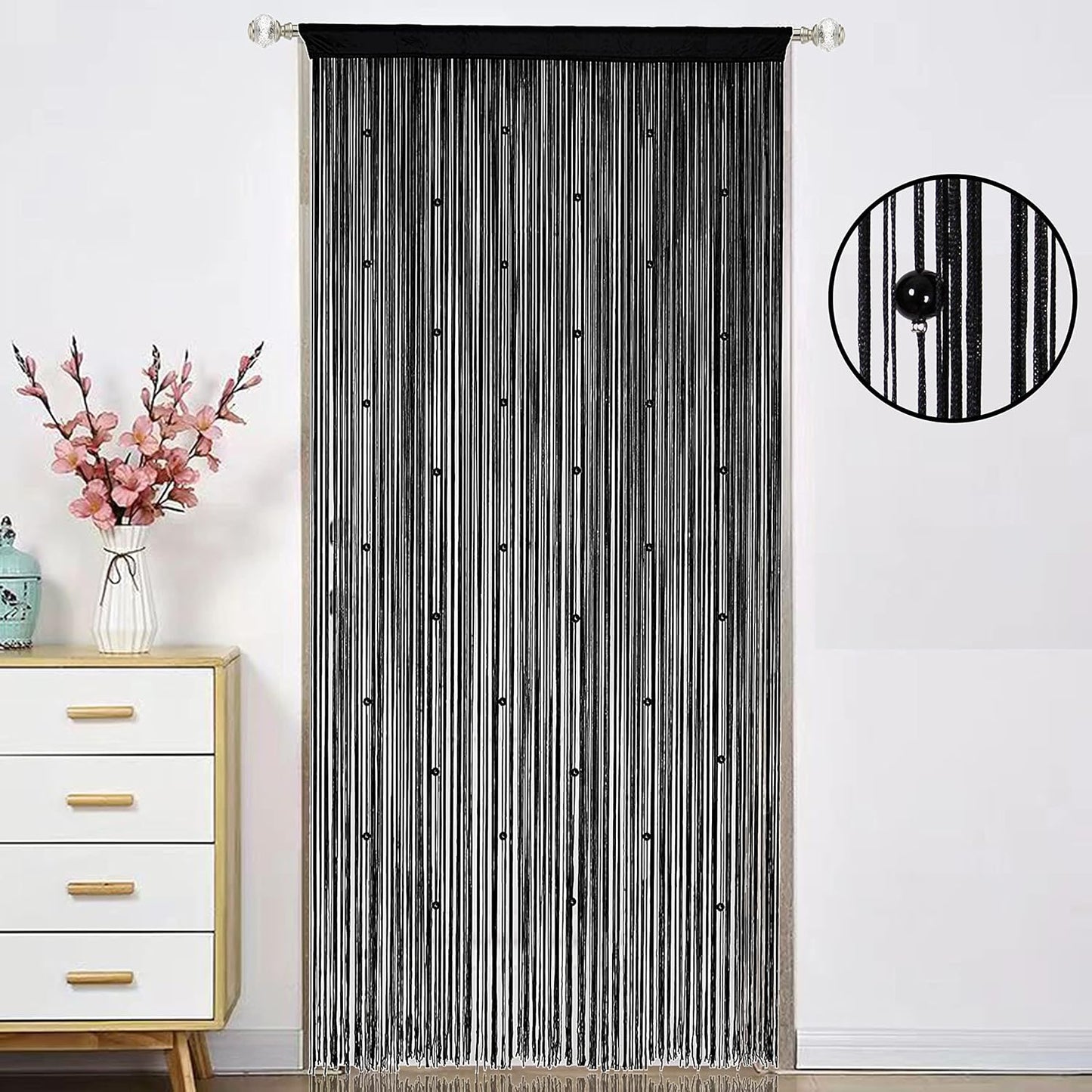 Beaded Curtain Beads Door String Curtains Ideal for Living Room Decor Wall Hanging Fringe Doorway Divider Bedroom Backdrop Hippie Window Closet Privacy Rod Pocket Dense (100x200cm,Black)