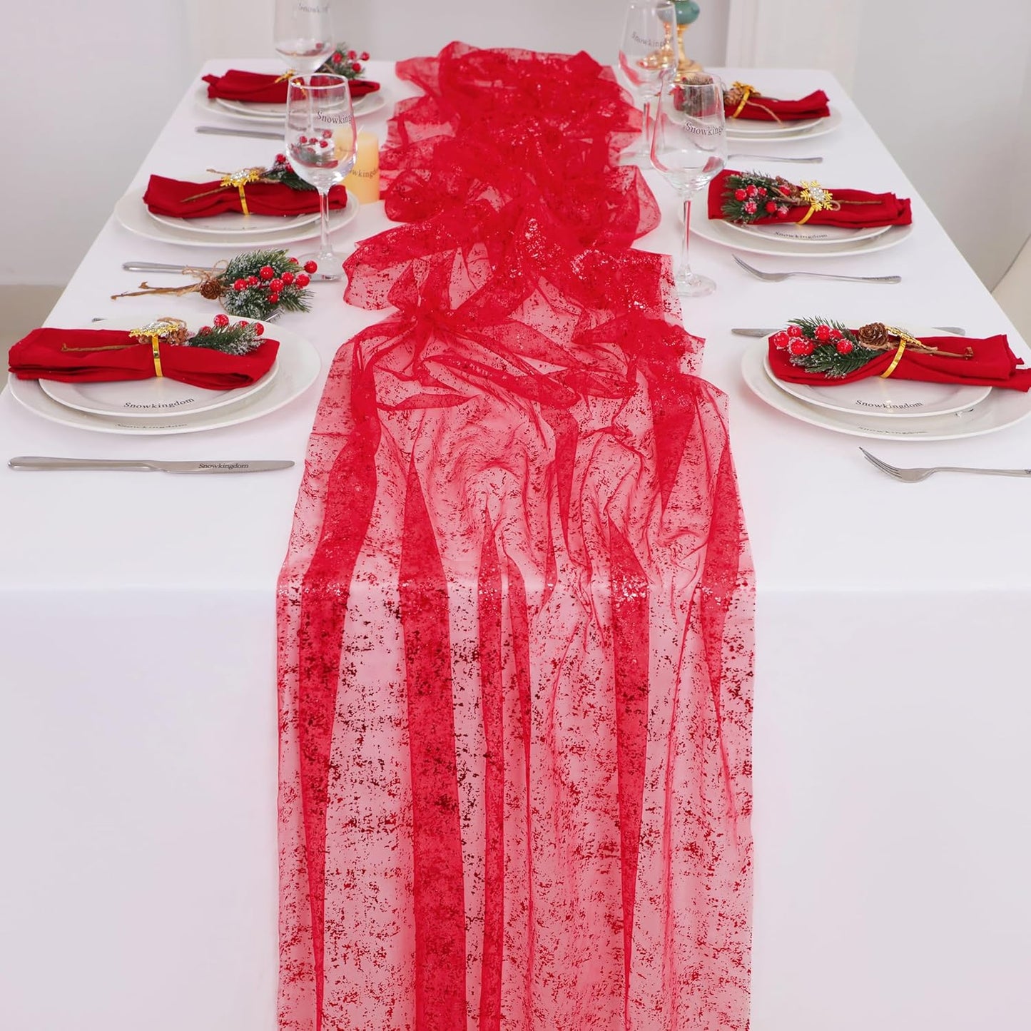 Snowkingdom Red Christmas Table Runner 10 FT, Glitter Metallic Foil Sheer Tulle Cheesecloth Gauze Runner 120 Inch, Red Table Centerpieces Decoration for Wedding Birthday Party Holiday