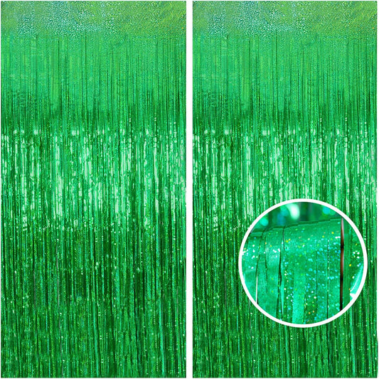 Melsan Foil Curtain Backdrop, 2 Pack 3.2 ft x 8.2 ft Tinsel Foil Fringe Curtains, Sparkle Metallic Foil Fringe Curtains for St Patricks Day Decorations Photo Booth Props Decoration, Green