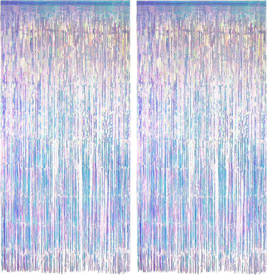 Iridescent Party Streamers Backdrop - GREATRIL Neon Transparent Holographic Tinsel Foil Fringe Curtain for Mermaid/Frozen/Sea/Euphoria/ERAS Party Theme Decorations 3.2ft x 6.5ft 2 PCS