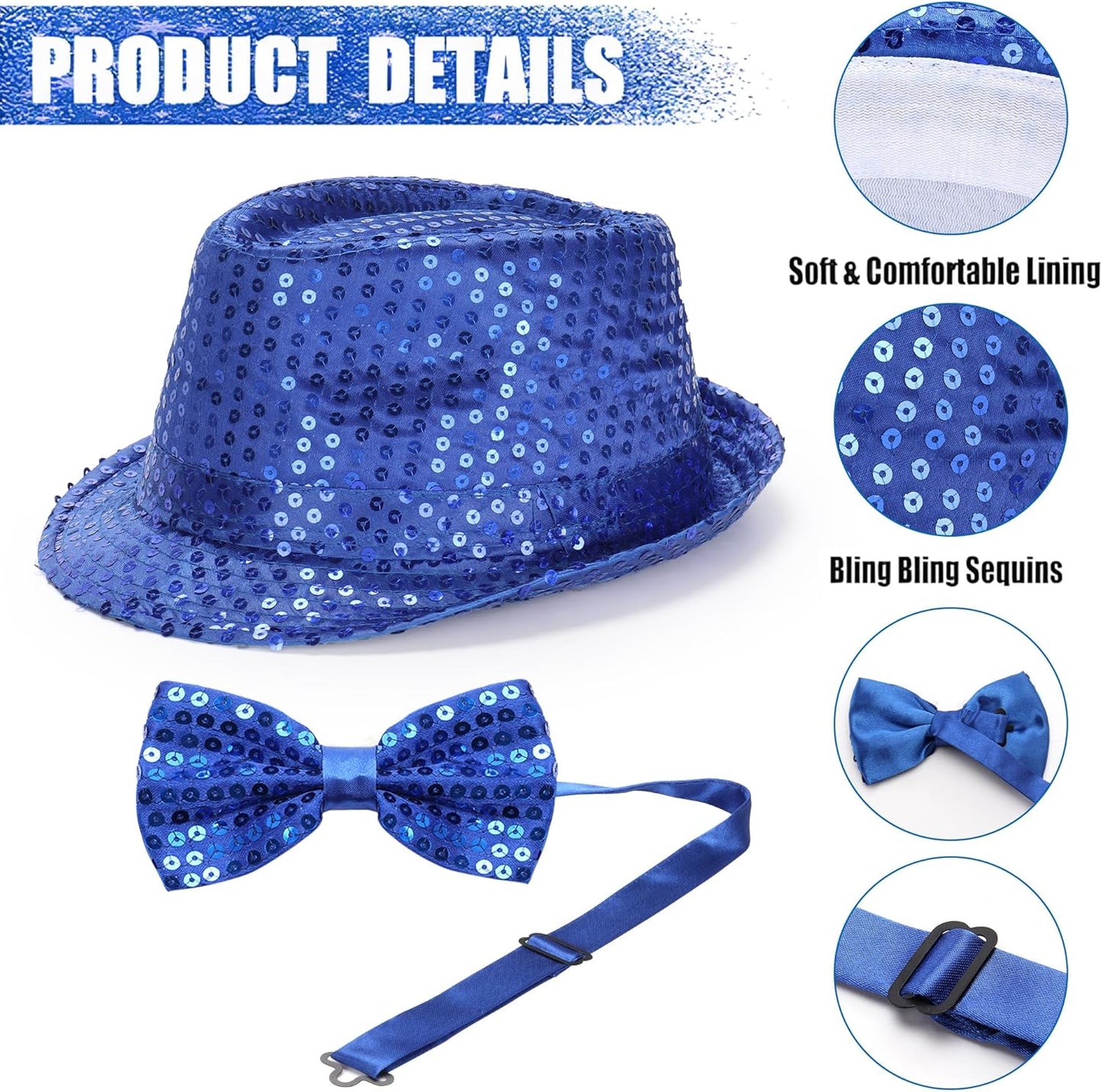 10 Pcs Unisex Sequin Fedora Hat Sequin Bow Ties Set Bling Retro Dance Jazz Cap Funky Party Costume Fedora